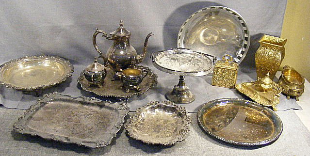Lot of misc. silverplate, cake stand tea service &: Lot of misc. silverplate, cake stand tea service & tray, etc. & brass items