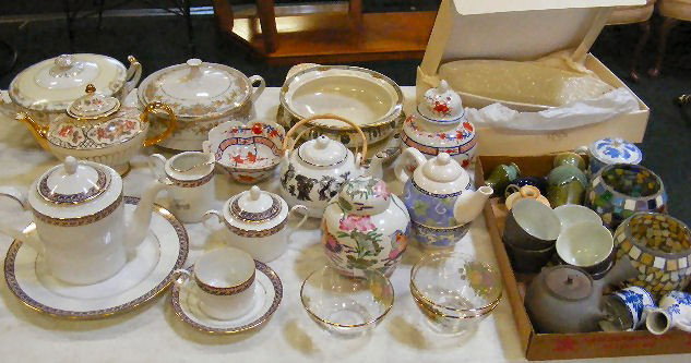 Lot including Lenox bread dish, covered serving bo: Lot including Lenox bread dish, covered serving bowls, Noritake Indigo Waltz teaset with 6 cups & saucers and 6 - 6.25" dishes, misc. teapots, etc.