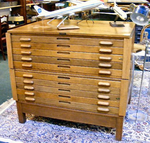 Oak 10 drawer map case, base & two sections, 41" h: Oak 10 drawer map case, base & two sections, 41" high, 35" X 45.5"