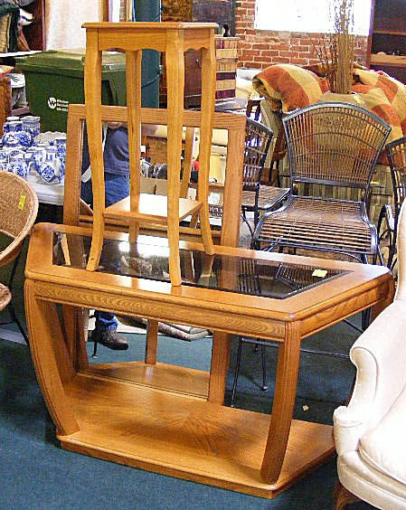 Oak console table w/ glass top & mirror, Maple co: Oak console table w/ glass top & mirror, Maple color plant stand.