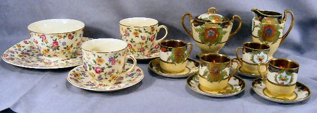 2 small partial sets of china. J. Fryer & Son Eng: 2 small partial sets of china. J. Fryer & Son English floral pattern china, 6pcs. Bowl, 2 cups & saucers, plate. Crazing and 1 cup has a outside rim chip. Foreign Asian style cups & saucers, cream & s