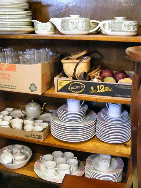 Large lot misc. pottery, glass & chnal: Misc. lot of pottery, glass, baskets, etc. - Christopher Stuart "Jardin" dinnerware, "The Old Curiosity Shop" dinnerware, luster ware tea set, glass stemware & candlesticks, etc.