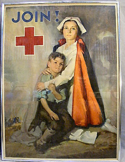 Framed Red Cross poster, WWI era (?), Nurse with C: Framed Red Cross poster, WWI era (?), Nurse with Child. Litho in USA, Lawrence Wilbur. Some folds, creases & foxing. 27.25" x 20.25"