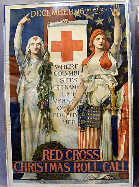 Framed Red Cross poster, WWI era , December 16th t: Framed Red Cross poster, WWI era , December 16th to 23rd Christmas Roll Call. E.H. Blashfield 1918. Some folds, creases & foxing. 19" x 28"