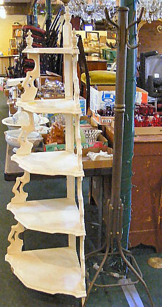 2pcs. Victorian what not shelf & metal coat rack.: 2pcs. Victorian what not shelf & metal coat rack. Shelf was painted white & has a repaired crack.