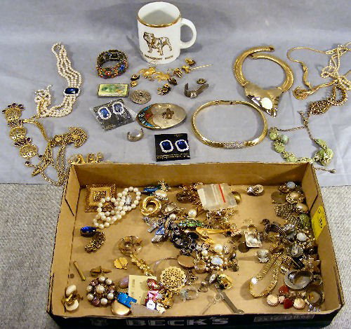 Jewelry, costume, Mack Truck bulldog items, neckl: Jewelry, costume, Mack Truck bulldog items, necklaces, belt buckle, rhinestones, pins, earrings, lockets, etc.