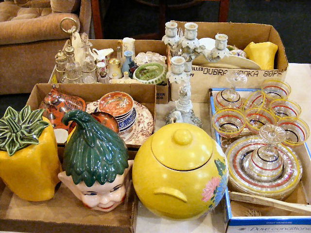 5 boxes 1950's glassware, cookie jars, asian porc: 5 boxes 1950's glassware, cookie jars, asian porcelain, cruet set, Royal Doulton plate, etc.