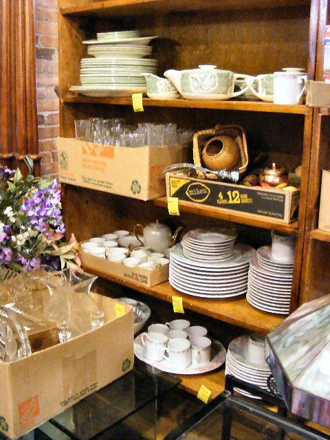 Shelf lot of china, etc. Christopher Stuart china: Shelf lot of china, etc. Christopher Stuart china, green Old Curiosity Shop china, German lusterware tea set, crystal stemware, etc.