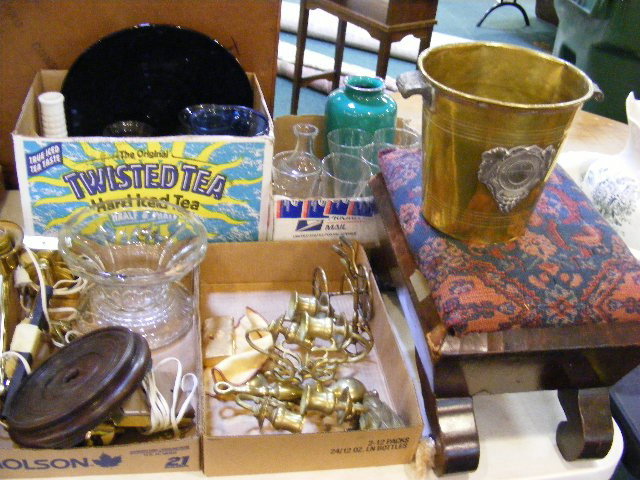 Misc. lot, early Victorian footstool, brass sconc: Misc. lot, early Victorian footstool, brass sconces, Asian enameled vase, misc. glassware, etc.