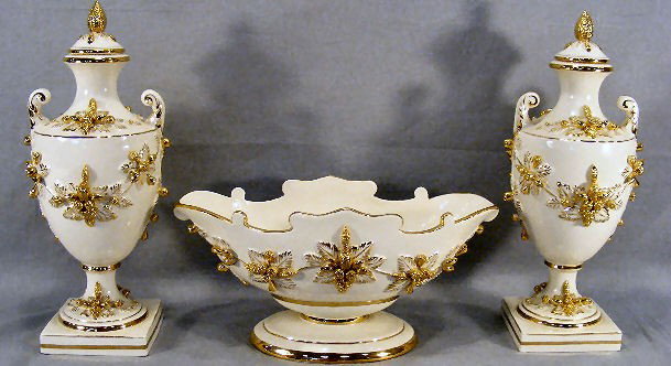 Italian mantle garnitures, two urns, 14.25" high &: Italian mantle garnitures, two urns, 14.25" high & center bowl, 13.5" wide, excellent condition