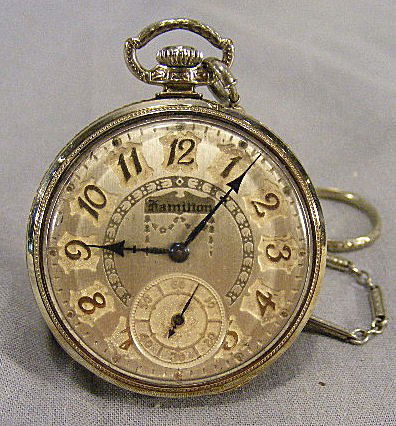 Hamilton pocket watch, 17 jewel, 14K white gold fi: Hamilton pocket watch, 17 jewel, 14K white gold filled Wadsworth case, second hand, running order, 1.75" diameter, 4.75" chain.