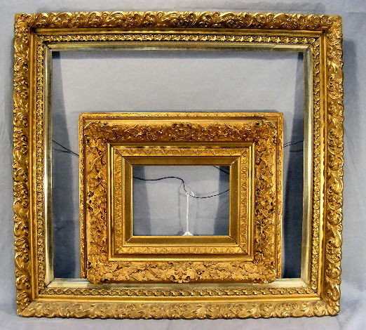 2 Victorian picture frames, smaller measures 18"X : 2 Victorian picture frames, smaller measures 18"X 15.5" with 8" X 6.5" opening, good repaint, chips. Larger measures 27.5" X 26" with 21.5" X 20" opening, good repaint