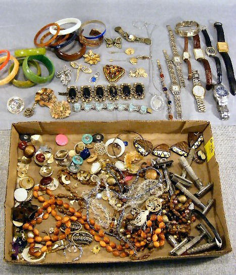 Lot of estate costume jewelry - bangles, beads, wa: Lot of estate costume jewelry - bangles, beads, watches, pins, stickpins, bracelets, earrings, etc.