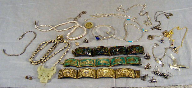 Lot of sterling silver jewelry, pendants & chains,: Lot of sterling silver jewelry, pendants & chains, bracelets, charms, earrings, jade and pearls, 5.5 troy oz. total not including jade pendant or pearls