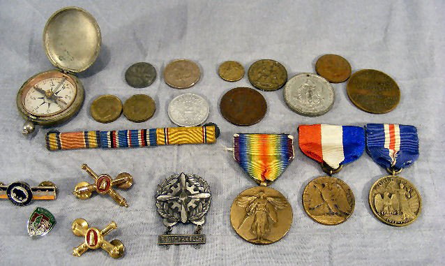 Lot of military medals, WWI service medal, Ct. and: Lot of military medals, WWI service medal, Ct. and Windsor, Ct. service medal, sterling medal with propeller, compass and misc. foreign coins, commemorative medals.