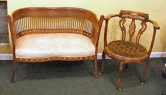 Victorian settee 39" long and Victorian side with: Victorian settee 39" long and Victorian side with round seat, 24.5" arm to arm