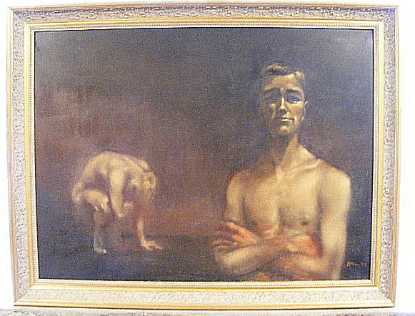 Signed Robert Bliss '55 oil painting on canvas of: Signed Robert Bliss '55 oil painting on canvas of two young men, 48" X 36" image