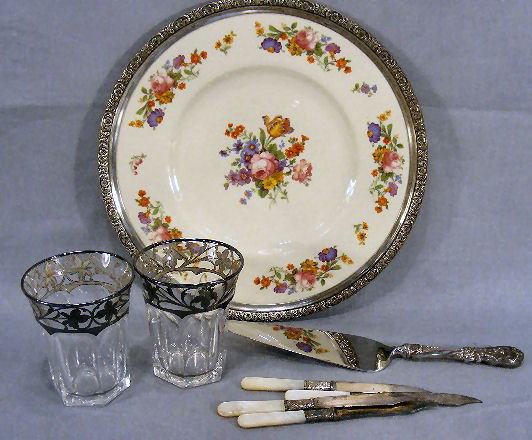 Lot of sterling silver overlay tumblers (one crac: Lot of sterling silver overlay tumblers (one cracked), Old Ivory platter with sterling rim, fruit knives with sterling bands and sterling handled pie knife.