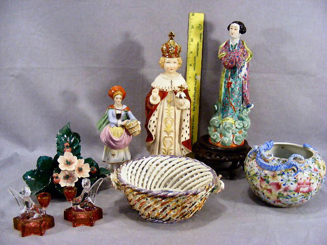 Lot including Goebel figure crown mark (cross on: Lot including Goebel figure crown mark (cross on globe broken & glued back), Chinese figurine and bowl with salamander, glass angel candleholders, Italian pottery (chips), Staffordshire type figurine