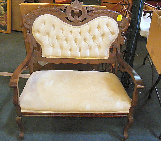 Victorian style loveseat, good upholstery, refini: Victorian style loveseat, good upholstery, refinished. 37" wide.