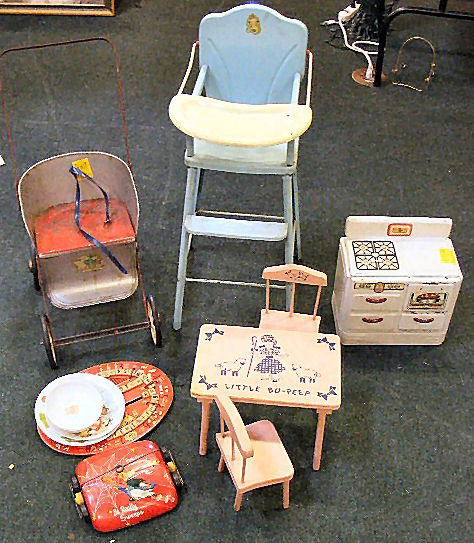 Lot of vintage toys, tin high chair, push carriag: Lot of vintage toys, tin high chair, push carriage, stove, dolls, vintage Barbie doll, etc.