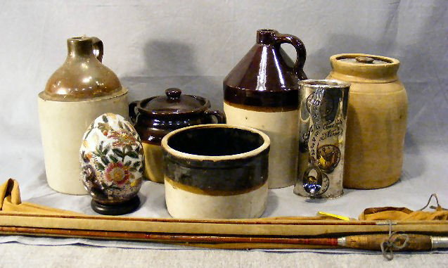 Lot of stoneware (5), bamboo fly pole, Neiman Mar: Lot of stoneware (5), bamboo fly pole, Neiman Marcus silverplate coffee container & Asian egg.