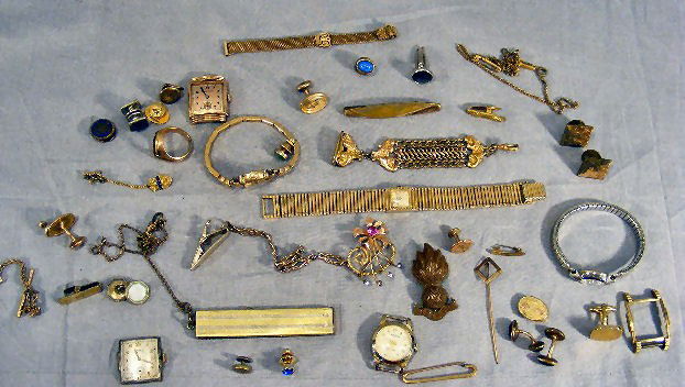 Misc. costume jewelry, cufflinks, watches, plated: Misc. costume jewelry, cufflinks, watches, plated ring, fob, watch parts, etc.