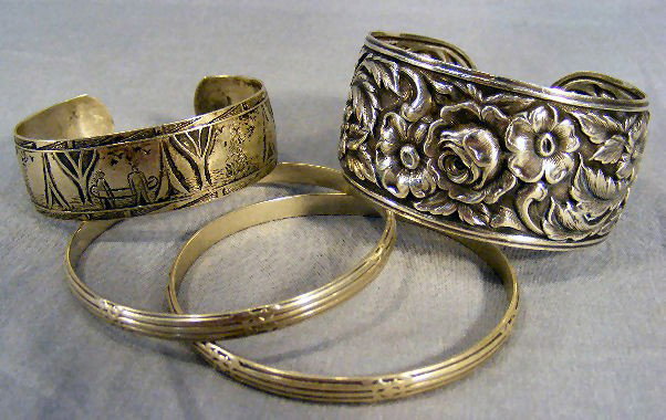 Vintage sterling cuff & bangle bracelets. 4pcs. Ki: Vintage sterling cuff & bangle bracelets. 4pcs. Kirk & Son Roses #19F, American Indian themed cuff, Indians, canoes, tents, etc. 3.03 ozt.