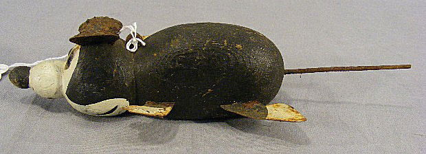 Mouse fish decoy, glass eyes, 5.5" long not includ: Mouse fish decoy, glass eyes, 5.5" long not including tail, rust on metal.