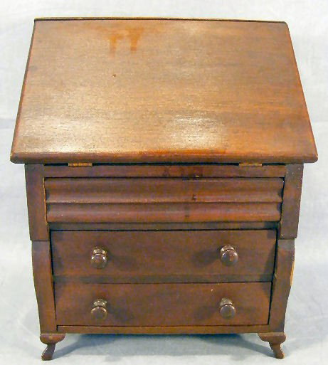 Doll furniture late 19th - early 20th century - dr: Doll furniture late 19th - early 20th century - drop front desk of mixed woods, 12" high, 9.75" wide