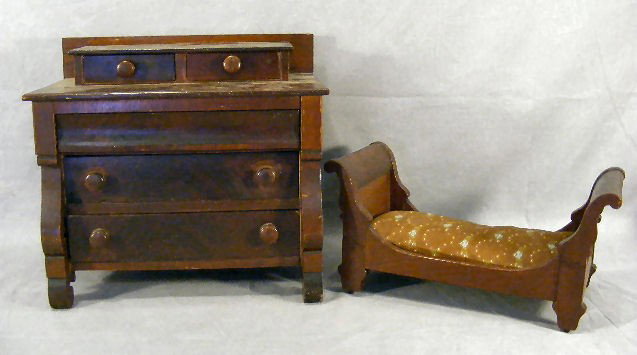 Doll furniture late 19th - early 20th century - Em: Doll furniture late 19th - early 20th century - Empire dresser & sleigh bed, mahogany veneer over pine drawer fronts, some veneer damage on dresser drawers, dresser 11" high & 12" wide