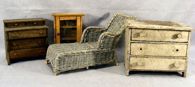 Doll furniture late 19th & 20th century - 12" Chai: Doll furniture late 19th & 20th century - 12" Chaise, Empire dresser, cabinet and painted dresser with mirror missing