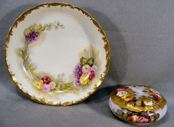Factory decorated T&V Limoges 10" bowl artist sign: Factory decorated T&V Limoges 10" bowl artist signed and artist signed dresser box, 5.5" dia.