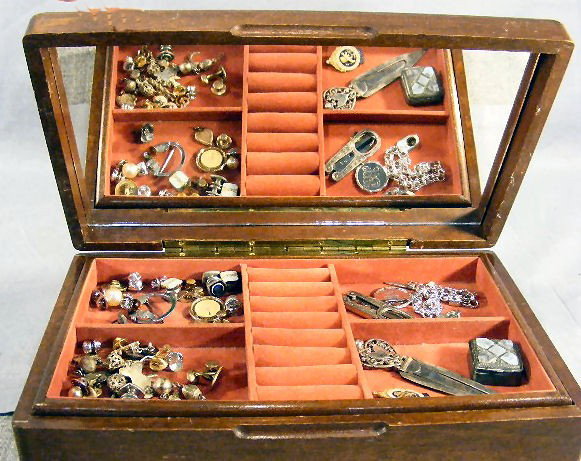Costume & sterling jewelry. cufflinks, pins, jackk: Costume & sterling jewelry. cufflinks, pins, jackknives, sterling charm bracelet, book mark, pin, box, scissors, etc. Sterling weighs 3.2 ozt