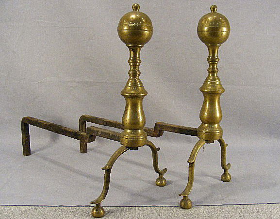 Pair brass andiron, 16" high, 17.5" front to back: Pair brass andiron, 16" high, 17.5" front to back
