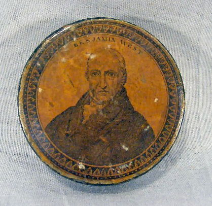 Paper mache snuff box with image of American born: Paper mache snuff box with image of American born painter Benjamin West (1738 - 1820), 2.75" diam., no chips or cracks