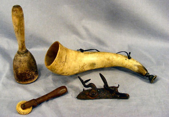 Primitive lot including bone wheel pie crimper, f: Primitive lot including bone wheel pie crimper, flint lock rifle lock from New York, cowhorn horn with brass mouthpiece and wood pestle.