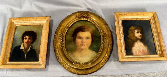 3 oil paintings, small portraits of women. All ar: 3 oil paintings, small portraits of women. All are oil on canvas, oval portrait's canvas is laid on board. Largest, (oval), is 11" x 13". Note on backs of 2 of them says painted by Eleanor C. Banniste