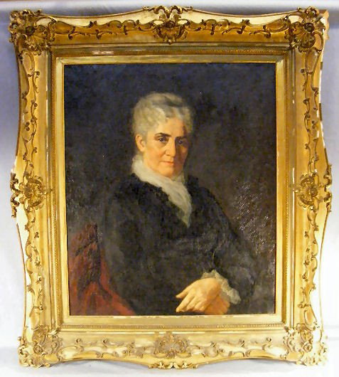 Oil on canvas painting of a lady, Mrs. Ellen Bann: Oil on canvas painting of a lady, Mrs. Ellen Bannister. Signed E.C. Bannister 1882. Gilt frame, damages. Painting is in good condition for it's age, no tears or rips. Notation on back says it was reli