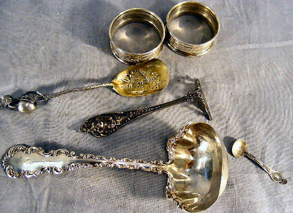 Misc. sterling silver, Alvin napkin rings,: Misc. sterling silver, Alvin napkin rings, Gorham Strasbourg 7" ladle, food pusher, salt spoon, Gorham jelly spoon. 4.9 troy ounces total.