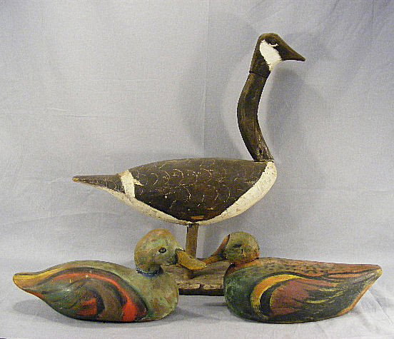 Lot of 3 decoys, Canada Goose 21" high, chip on he: Lot of 3 decoys, Canada Goose 21" high, chip on head, two over painted duck decoys