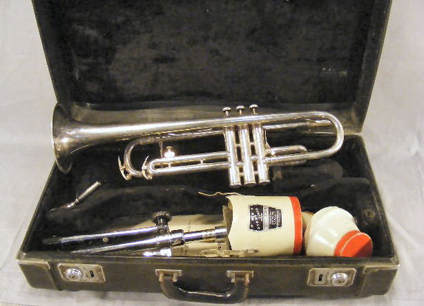 Estate silver colored trumpet with case, stand & 2: Estate silver colored trumpet with case, stand & 2 Velvetone muter. King musical Instruments, #436968