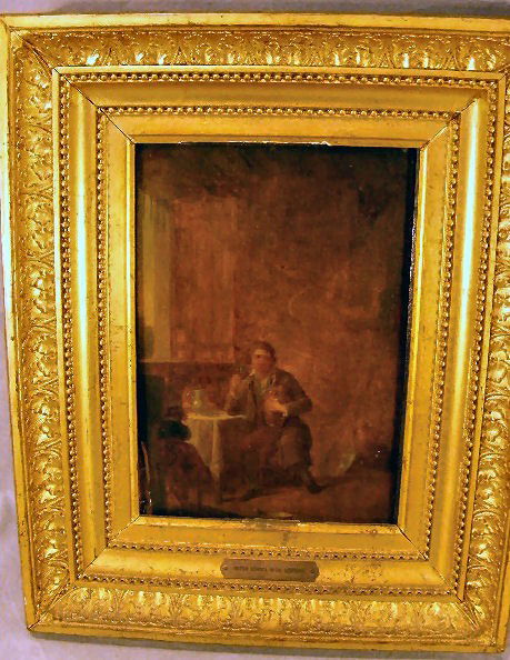Dutch School, 18th C. oil on panel, man in tavern.: Dutch School, 18th C. oil on panel, man in tavern. Missing piece of panel on left bottom corner. Image size is 8" x 12"