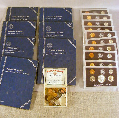 Coins, proof sets. (1994 UPM)1969, 1970, 1976, 19: Coins, proof sets. (1994 UPM)1969, 1970, 1976, 1977, 1978, 1979, 1980, 1981, 1984, 1986. Blue folder coin holders, Canadian dimes, Lincoln, Buffalo Nickels, Jefferson Nickels, Canadian Nickels.