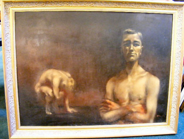 Large Robert Bliss oil painting on masonite of tw: Large Robert Bliss oil painting on masonite of two young men, 48" X 36", dated '55