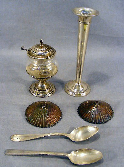 Misc. sterling silver, parasol salt & pepper shak: Misc. sterling silver, parasol salt & pepper shakers, flatware and sterling mounted bowl , weighted vase, 4.86 troy oz. not including vase.