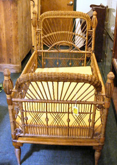 Victorian wicker & stick and ball crib, original : Victorian wicker & stick and ball crib, original natural finish, minor damage, 47" high, 47" long, 29" wide
