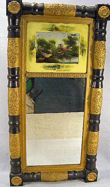 Federal style mirror with reverse painting of bir: Federal style mirror with reverse painting of birds on nest, peeling, 15" X 30"