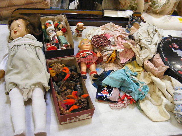 Lot including 26" composition doll, Campbell type: Lot including 26" composition doll, Campbell type doll, doll clothes & carrying case, Christmas and Thanksgiving decorations