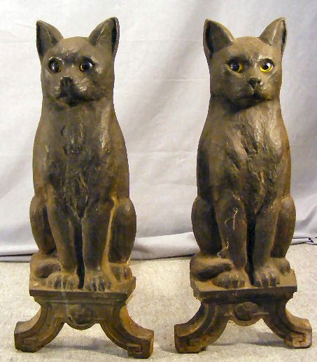 Pair of cast iron cat Howes andirons, 17" high: Pair of cast iron cat Howes andirons, 17" high